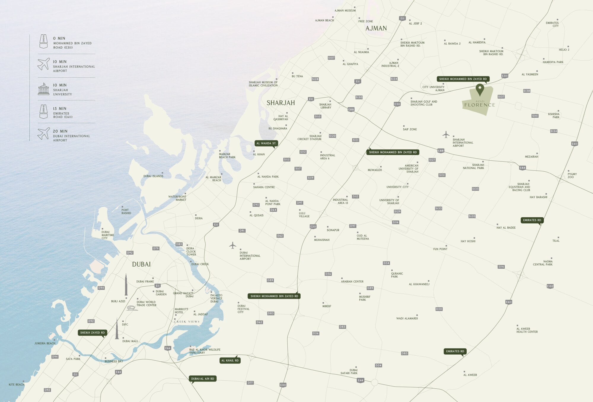 Map showing Azizi Florence in Um Fanain relative to Sharjah, Ajman and Dubai